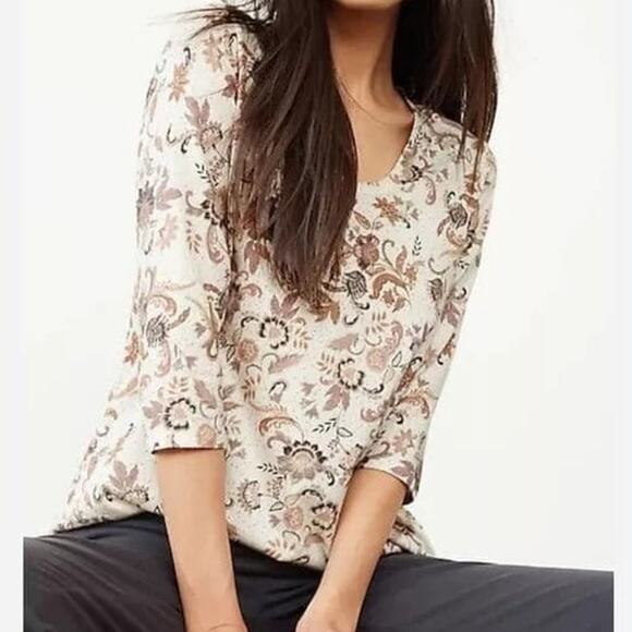 J Jill Pure Printed Soft V Neck Top Large Tall White Tan Floral Casual Boho Chic - Picture 1 of 14
